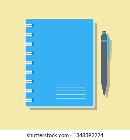 clear exercise book with ball pen, flat vector illustration