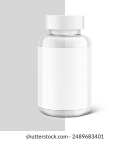 Klare i-Catching Pillenflasche mit Etiketten-Mockup für Leckereien, Vitamine, Ergänzungen isoliert auf weißem und grauem Hintergrund. Vektorillustration. Bereit für Ihr Design. EPS10.