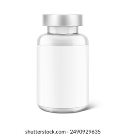 Klare i-Catching Pillenflasche mit Etiketten-Mockup für Leckereien, Vitamine, Ergänzungen isoliert auf weißem Hintergrund. Vektorillustration. Bereit für Ihr Design. EPS10.	