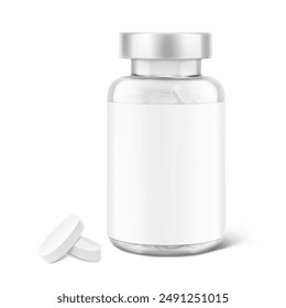 Clear eye catching pill bottle with label mockup for treats, vitamins, supplements isolated on white background. Vector illustration. ready for your design. EPS10.	