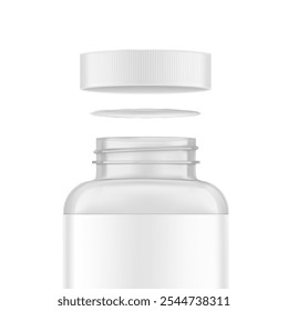 Clear eye-catching pill bottle with foil seal, safety cap mockup for supplements, vitamins, treats. Vector illustration isolated on white background. Mockup is ideal for health projects. EPS10.