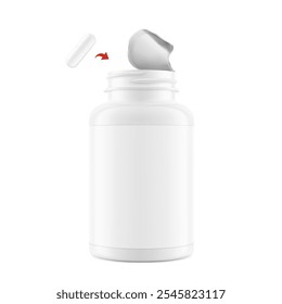 Claro botella de píldora llamativa con sello de aluminio, maqueta de tapa de seguridad para suplementos, vitaminas, golosinas. Ilustración vectorial aislada sobre fondo blanco. Mockup es ideal para proyectos de salud. EPS10.