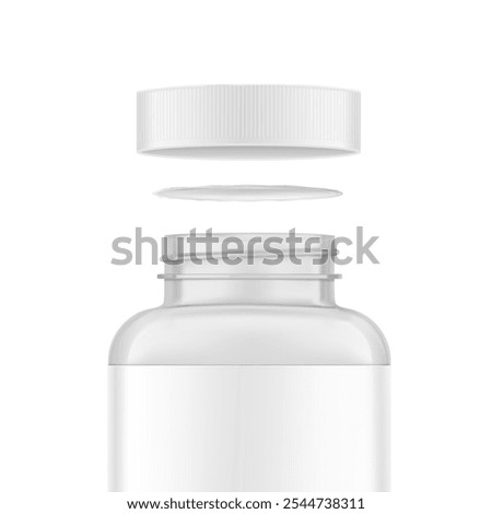 Clear eye-catching pill bottle with foil seal, safety cap mockup for supplements, vitamins, treats. Vector illustration isolated on white background. Mockup is ideal for health projects. EPS10.