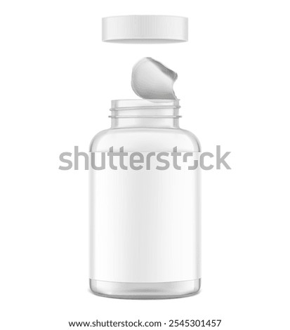 Clear eye-catching pill bottle with foil seal, safety cap mockup for supplements, vitamins, treats. Vector illustration isolated on white background. Mockup is ideal for health projects. EPS10.