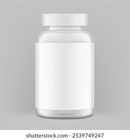 Claro botella de píldora llamativa con maqueta de etiqueta para suplementos, vitaminas, golosinas. Ilustración vectorial aislada sobre fondo gris. Mockup es ideal para proyectos de salud. EPS10.	