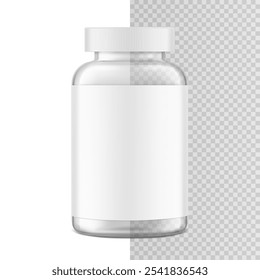 Clear eye-catching pill bottle with label mockup for supplements, vitamins, treats. Vector illustration isolated on white and transparent background. Mockup is ideal for health projects. EPS10.	