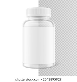 Clear eye-catching pill bottle with label mockup for supplements, vitamins, treats. Vector illustration isolated on white and transparent backgrounds. Mockup is ideal for health projects. EPS10.	