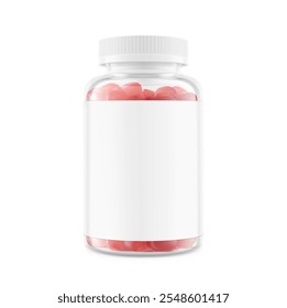 Clear eye-catching pill bottle with label mockup for supplements, vitamins, gummies. Vector illustration isolated on white backgrounds. Mockup is ideal for health projects. EPS10.