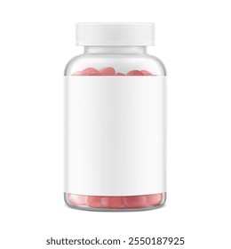 Frasco de pílula clara atraente com maquete de rótulo para suplementos, vitaminas, gommies. Ilustração vetorial isolada em fundos brancos. Mockup é ideal para projetos de saúde. EPS10