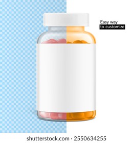 Frasco de pílula clara atraente com maquete de rótulo para suplementos, vitaminas, gommies. Ilustração vetorial em fundos transparentes. maneira fácil de personalizar. Mockup é ideal para projetos de saúde. EPS10