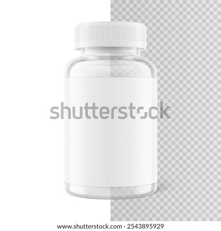 Clear eye-catching pill bottle with label mockup for supplements, vitamins, treats. Vector illustration isolated on white and transparent backgrounds. Mockup is ideal for health projects. EPS10.	