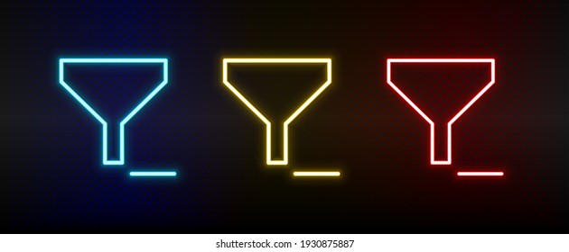 clear, filter neon icon set. Set of red, blue, yellow neon vector icon