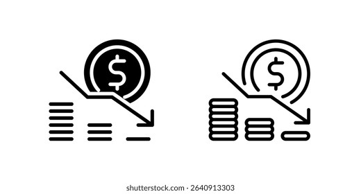 Clear financial loss and decline icons featuring downward trends for risk management and trading loss visualization