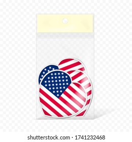 Clear flat plastic pocket bag filled with US flag stickers, vector template. Transparent retail pouch package.