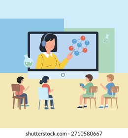 Ilustração vetorial clara e plana de uma aula de ciências on-line. Um professor em um jaleco branco está em uma tela grande de laptop, apontando para um diagrama de estrutura de moléculas e um gráfico de barras, enquanto um grupo