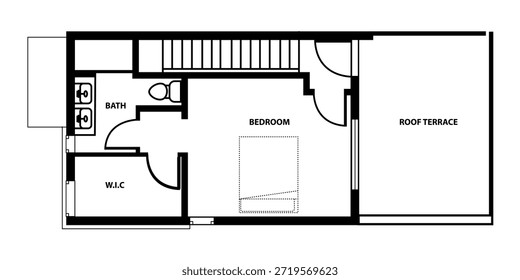 Uma planta de piso transparente com um quarto com um closet, uma casa de banho adjacente, acesso a escadas e um espaçoso terraço no último piso. Layout moderno e limpo, ideal para portfólios de design e imóveis.