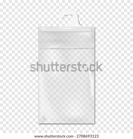 Clear fold top poly bag with white plastic hanger insert on transparent background. Realistic 3d vector mockup. Empty PVC vinyl pouch hanging package mockup. Template for design