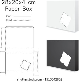 Clear Folding Carton Box with diecut for Design, Detail, Banner, Background. White Handle Package Template isolated on white and black. Retail pack with dieline for your brand on it