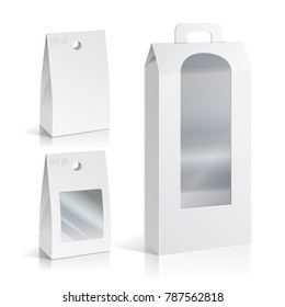 Clear Folding Carton Box with diecut for Design. White Handle Package Template isolated on white. Retail pack