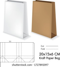 Clear Folding Kraft Paper Bag with diecut for Design, Detail, Banner, Background. White Handle Package Template isolated on white-black and brown. Retail pack with dieline for your brand on it.