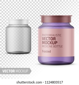 Clear Frosted Glass Medicine Bottle With Snap Lid For Tablets, Pills, Drugs. Photo-realistic Packaging Mockup Template With Sample Design. Vector 3d Illustration.