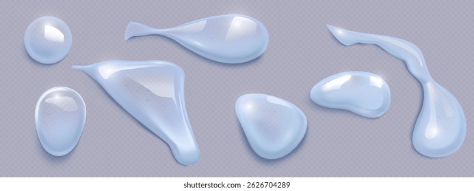 Conjunto de gotas de gel claro - formas 3D translúcidas com superfícies curvas suaves e formas de gotas. Bolhas de água, essência de soro zomba de fundo transparente. Elemento de abertura de produto cosmético líquido abstrato