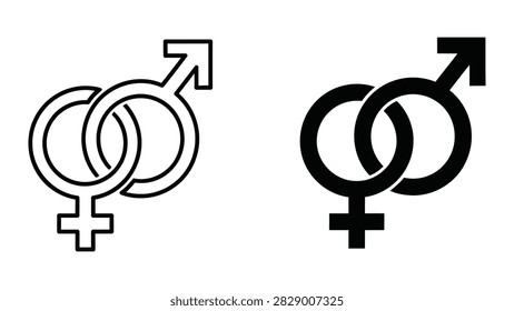 A clear and gender-neutral vector icon set displaying combined male and female symbols. Available in both outline and solid black designs this graphic is ideal for social studies diversity initiatives and healthcare applications.