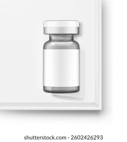Clear glass ampoule inside paperboard box mockup for cosmetology products. Vector illustration isolated on white background. Can be use for pharmacy, cosmetic and other. Ready for your design. EPS10.
