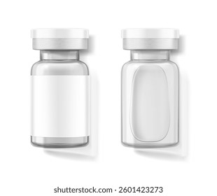 Clear glass ampoule mockup for cosmetology products, vaccines. Flat lay view. Vector illustration isolated on white background. Can be use for pharmacy cosmetic and other. Ready for your design.EPS10.