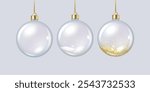 Clear glass baubles balls with glitter sand realistic color icons set. Shiny Christmas tree spherical ornaments 3d objects illustrations on white