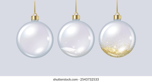 Clear glass baubles balls with glitter sand realistic color icons set. Shiny Christmas tree spherical ornaments 3d objects illustrations on white