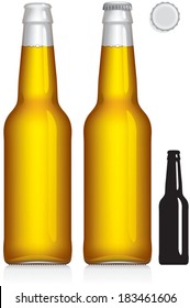 Clear glass beer bottle 330 ml - vector visual, ideal for beer, lager, fruit juice, soft drinks, soda etc. With and without lid, plus silhouette. Drawn with mesh tool. Fully adjustable & scalable.