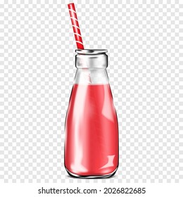 Frasco de vidrio transparente con paja de bebida sobre fondo transparente. Pequeño frasco lleno de jugo. Ilustración vectorial realista