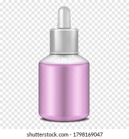 Clear glass bottle with dropper cap filled with purple liquid on transparent background, vector mock-up. Beauty or medical product packaging mockup. Easy to recolor.