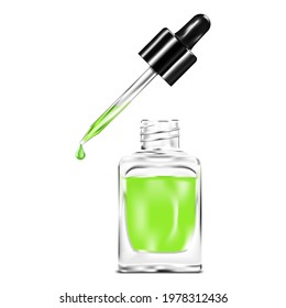 Clear glass bottle with dropper cap filled with green liquid isolated on white background. Face serum, nail care product packaging. Vector illustration