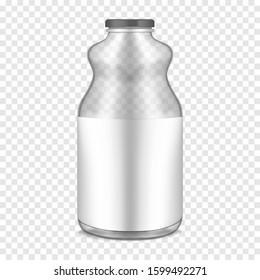 Clear Glass Bottle With Lid And Blank Label On Transparent Background, Vector Mockup. Empty Packaging Container For Juice, Milk And Other Drinks, Mock-up.