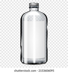 Clear glass bottle with metal screw cap and blank white label on transparent background realistic vector mock-up. Template for design