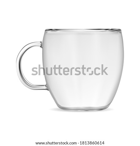 Clear glass coffee mug. Transparent tea cup, isolated vector illustration. Hot or ice cappuccino drink coffeecup with handle. Teacup blank classic drink for business identity, object at front