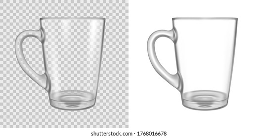 Clear glass cup mock up. Transparent mug isolated on white background. Empty mockup. Vector realistic 3d illustration.