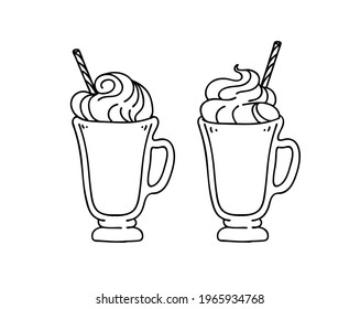 Clear glass cup with a straw. Ice cream, milkshake. Juice, cocktail, smoothie. Vector on a white background.