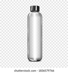 Clear glass cylindrical bottle with black metallic screw cap on transparent background, realistic vector mock-up. Bullet bottle for cosmetic, medical or other liquid product packaging, mockup.