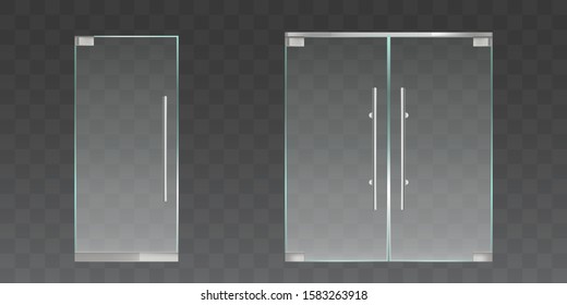 Clear Glass Doors For Office Or Shop Isolated On Transparent Background. Vector Realistic Set Of Single And Double Doors With Metal Frame And Handles. Modern Store Entrance