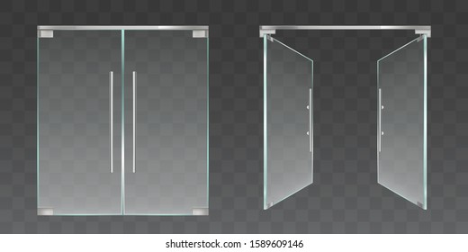 Clear Glass Doors For Office Or Shop Isolated On Transparent Background. Vector Realistic Set Of Closed And Open Double Doors With Metal Frame And Handles. Modern Store Entrance