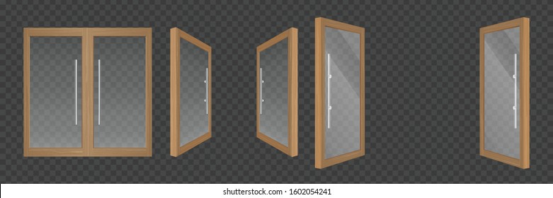 Clear glass doors, window with wooden frame isolated on transparent background. Vector realistic set of open and closed double doors with metal handles. Wide entrance front and back view