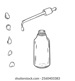 Clear glass dropper bottle and assorted drops black white vector illustration isolated. Serum bottle and pipette hand drawn monochrome line art. Design element for label essential oils, package.