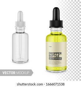 Clear glass dropper bottle. Editable glass and liquid colors.  Photo-realistic packaging mockup template. Vector illustration.