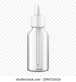 Clear Glass Dropper Bottle, Isolated On Transparent Background. Medical Containers, Realistic Packaging Mockup Template. 3d Vector Illustration.