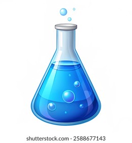 A clear glass flask with blue liquid chemicals and bubbles used in scientific experiments and laboratory research.vector illustration on white background