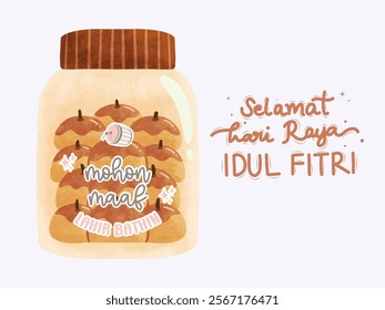 A clear glass jar with a brown lid. Inside the jar, small, round cookies with soft colors are visible. The words "Happy Eid Mubarak, Please Forgive Me" are beautifully engraved on the jar.