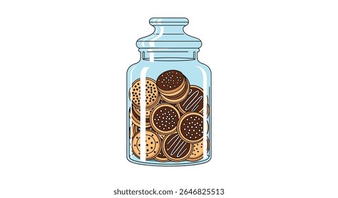 A Clear Glass Jar Filled to the Brim with Delicious Chocolate Sandwich Cookies Decorated with Drizzled Chocolate
